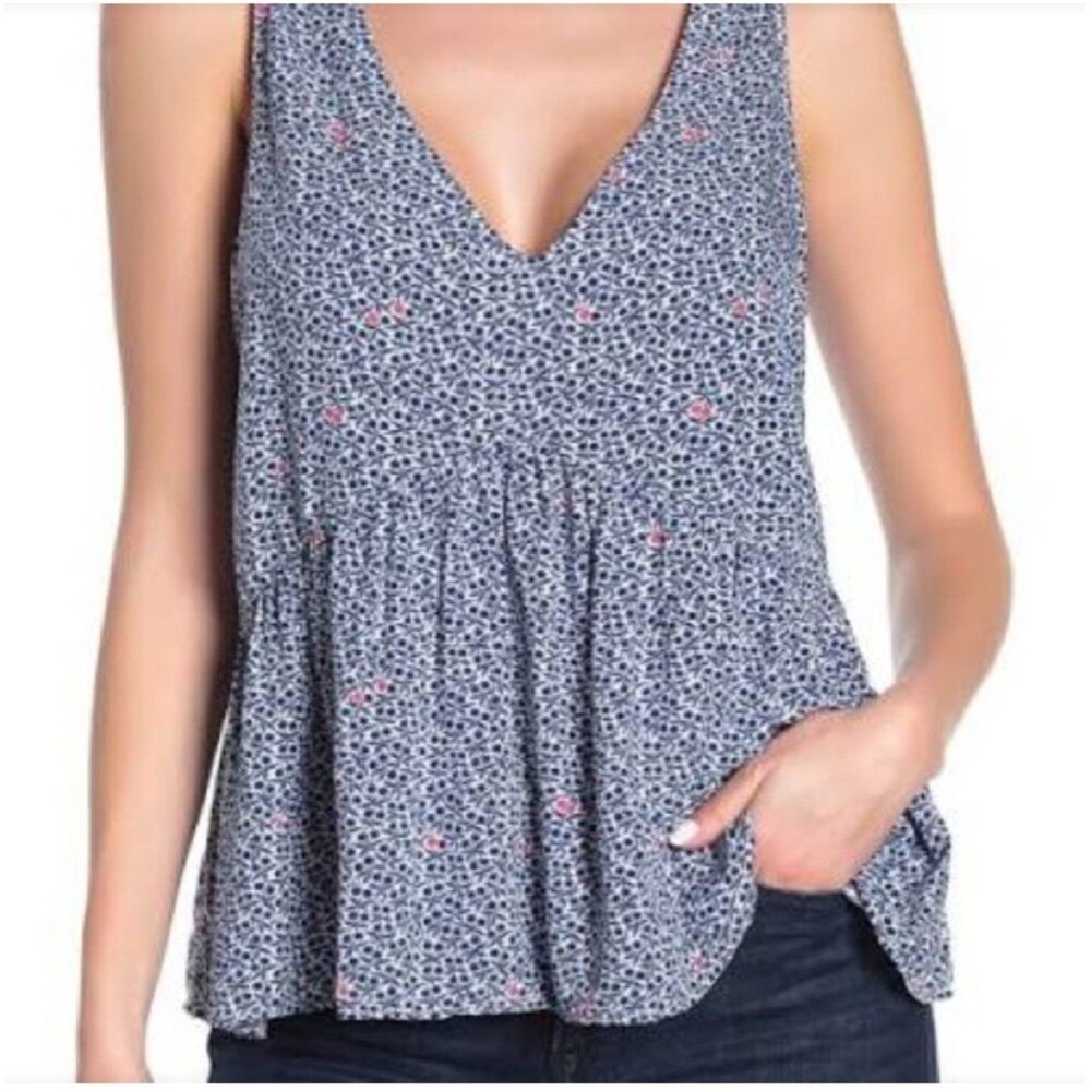 J Crew Mercantile Empire Waist Blouse Size S Blue White Floral V Neck Flowy Cute